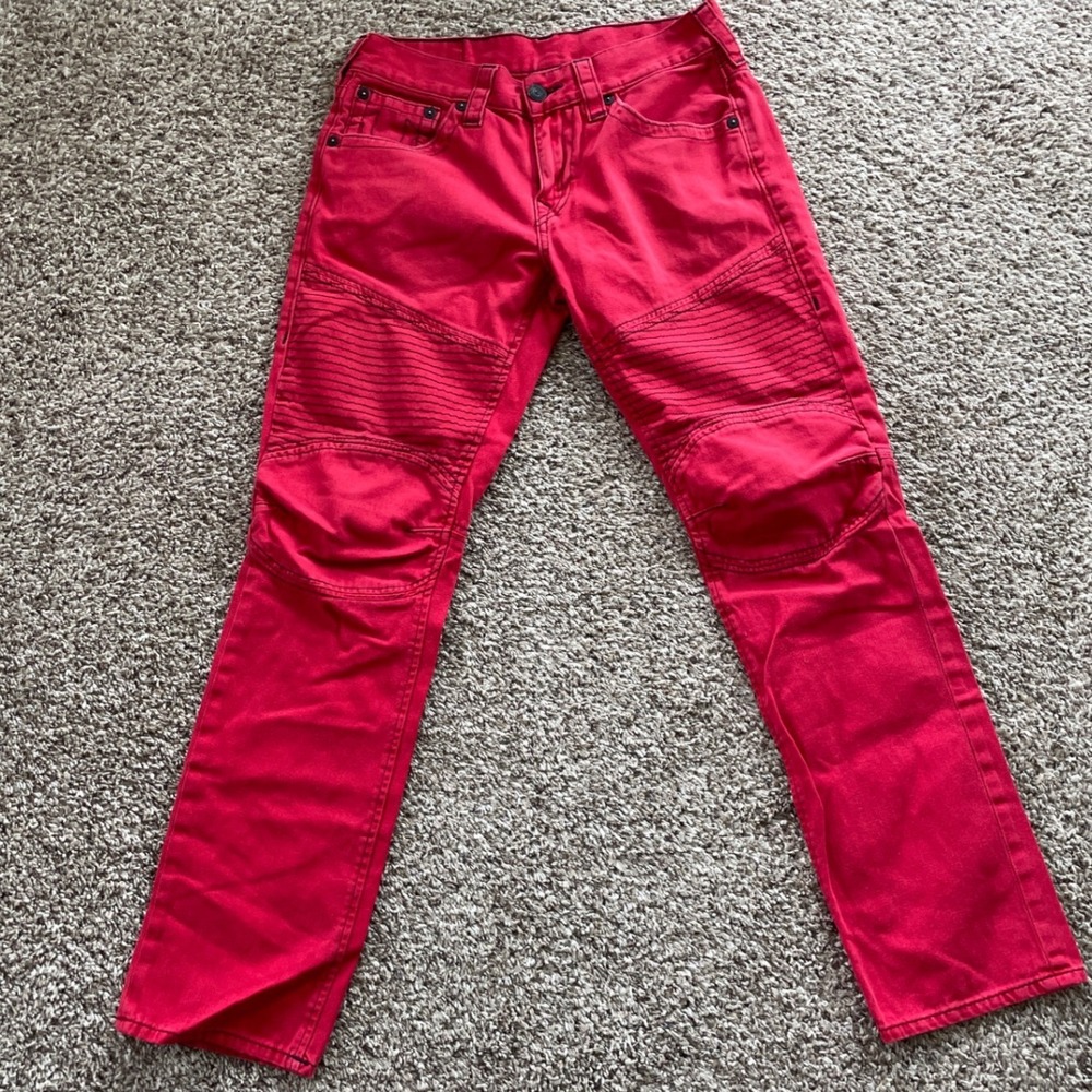 True Religion Y2K Moto Jeans Mens Size 32 Red Bikercore McBling Streetwear - Picture 3 of 13